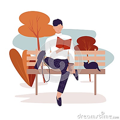 Literature fan. Stylish young man sits on a park bench, reads a book and drinks coffee Vector Illustration